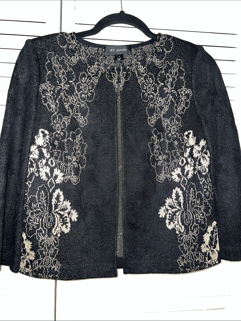 St. John Black Knit Top with gold Metallic Floral Jacquard